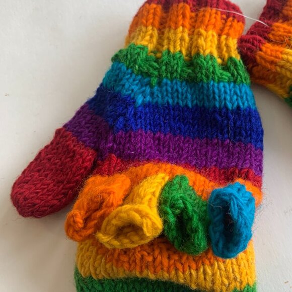 Rainbow convertible fingerless gloves, hand made, wool & fleece lined Wm's M - Picture 4 of 4